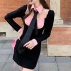 Long-sleeve Off-shoulder Mini Bodycon Dress With Tie