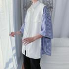 3/4 Sleeve Pinstripe Panel Oversized Shirt / Plain Shirt