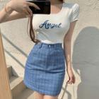 Short-sleeve Lettering T-shirt / Houndstooth Mini Denim Skirt
