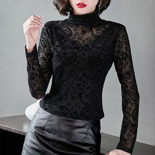 Long-sleeve Mesh Mock-neck Top