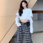Removable Sleeve Cropped T-shirt / Plaid Wide-leg Pants