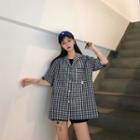 Elbow-sleeve Plaid Shirt As Shown In Figure - One Size