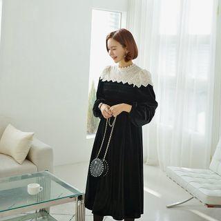 Lace-yoke Midi Velvet Dress Black - One Size