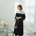 Lace-yoke Midi Velvet Dress Black - One Size