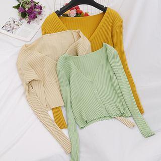 V-neck Ribbed Plain Knit Lightweight Cardigan