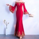 3/4-sleeve Cold Shoulder Mermaid Evening Gown