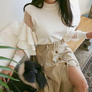 Ruffle-tiered Mesh-sleeve Knit Top