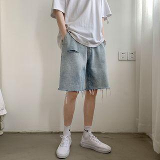 High-waist Ripped Straight Cut Denim Shorts