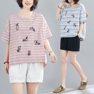 Short-sleeve Striped Rabbit Embroidered T-shirt