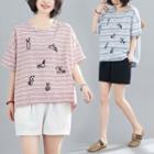Short-sleeve Striped Rabbit Embroidered T-shirt