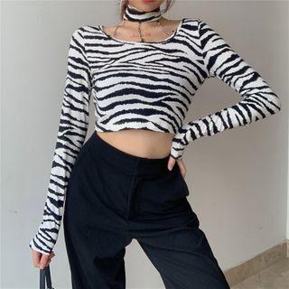 Choker-neck Chain Zebra Print Cropped T-shirt