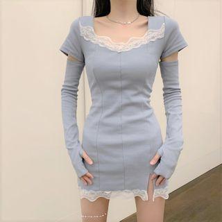 Short-sleeve Lace Panel Mini Sheath Dress / Sleeves