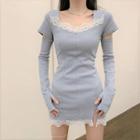 Short-sleeve Lace Panel Mini Sheath Dress / Sleeves