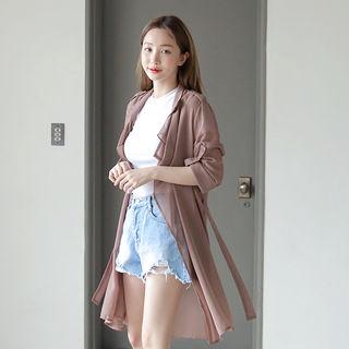 Tab-sleeve Chiffon Trench Jacket With Sash