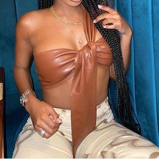 Sleeveless One-shoulder Faux Leather Crop Top