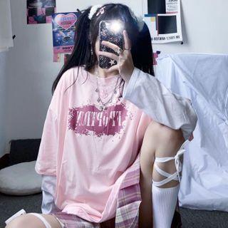 Long-sleeve Paneled Printed T-shirt Pink - One Size