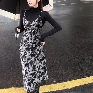 Spaghetti Strap Print A-line Dress Black - One Size