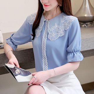 Floral Collar Elbow-sleeve Chiffon Blouse