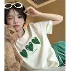 Short-sleeve Heart Print T-shirt Green Hearts - White - One Size
