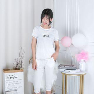 Set: Letter Embroidered Short-sleeve T-shirt + Cropped Pants