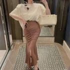Elbow-sleeve Lettering Print T-shirt / Ruched Slit Midi Mermaid Skirt