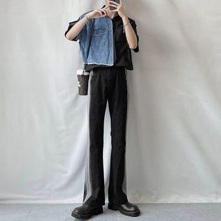 Elbow-sleeve Denim Panel Shirt / Bootcut Jeans