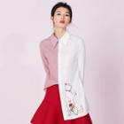 Cat Embroidered Contrast Panel Long-sleeve Shirt