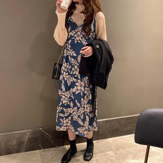 Ruffled Chiffon Blouse / Spaghetti Strap Floral Print Midi Dress