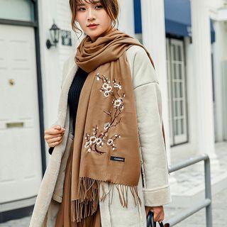 Floral Embroidered Fringed Scarf