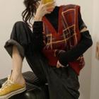 Patterned Knit Vest / Long-sleeve Cutout-elbow Top / Wide-leg Jeans / Set