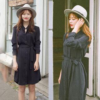 Mandarin Collar Tie-waist Striped Shirtdress