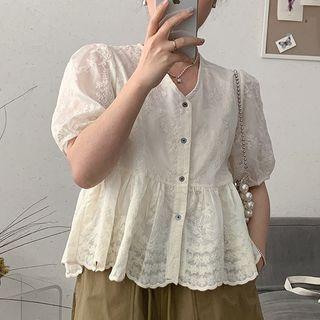 Puff-sleeve Plain Lace Blouse Beige - One Size