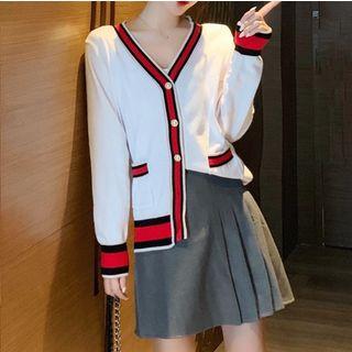 Contrast Trim Knit Cardigan / Pleated Mini Skirt