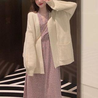 Long Sleeve V-neck Floral Chiffon Dress + Open Front Knit Cardigan
