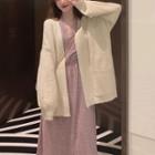 Long Sleeve V-neck Floral Chiffon Dress + Open Front Knit Cardigan