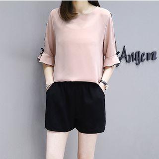 Set: Open Shoulder Elbow-sleeve Chiffon Top + Shorts