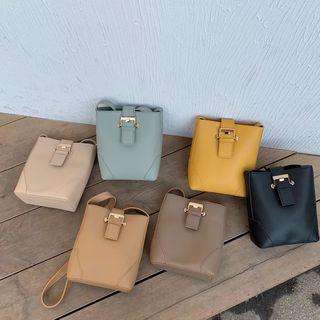 Faux Leather Belted Crossbody Bucket Bag