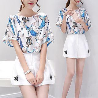 Set: Print Short-sleeve Top + Wide Leg Shorts