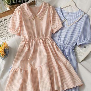 Lace-trim Checker Midi Dress In 5 Colors