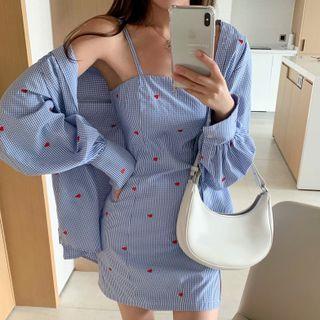 Spaghetti Strap Embroidered Plaid Mini Dress / Shirt