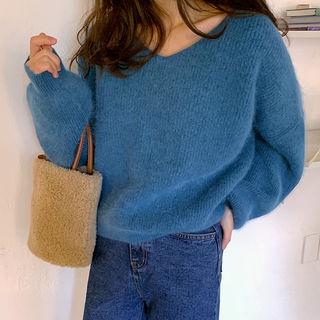 V-neck Woolen Fuzzy Sweater