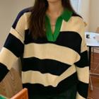 Striped Collared Sweater Black & White - One Size