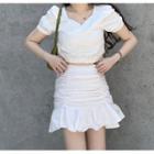 Short-sleeve V-neck Crop Top / Frill Trim A-line Mini Skirt