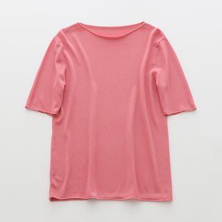 Round Collar Plain Knit Top Rose Pink - One Size