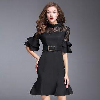Elbow-sleeve Paneled Ruffle-trim Dress