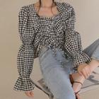 Drawstring-front Long-sleeve Gingham Cropped Blouse