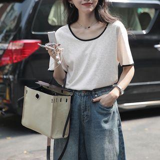 Elbow-sleeve Contrast Trim T-shirt Almond - One Size