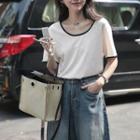 Elbow-sleeve Contrast Trim T-shirt Almond - One Size