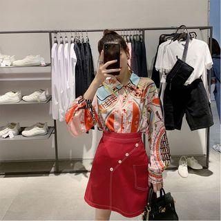 Set: Balloon-sleeve Printed Shirt + Diagonal-buttoned A-line Skirt