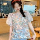 Puff-sleeve Floral Print Mesh Top